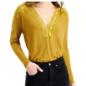 Free People Mustard Yellow Lace Ribbed Long Sleeve Top - Size large